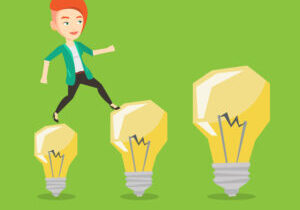Business Woman Jumping On Light Bulbs.